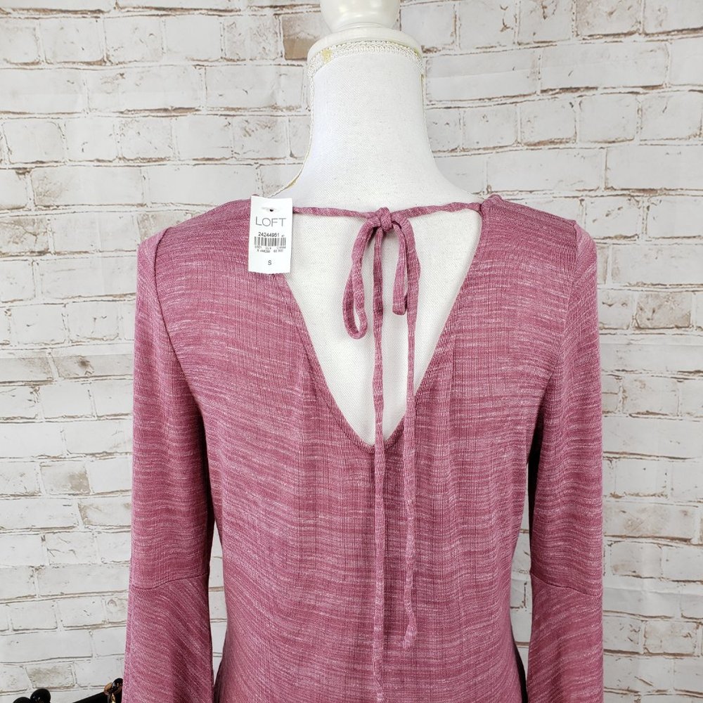 NWT LOFT Size S Mauve Pink Space Dye Long Bell Sleeve Tie Back Knit Pullover Top - Picture 5 of 9